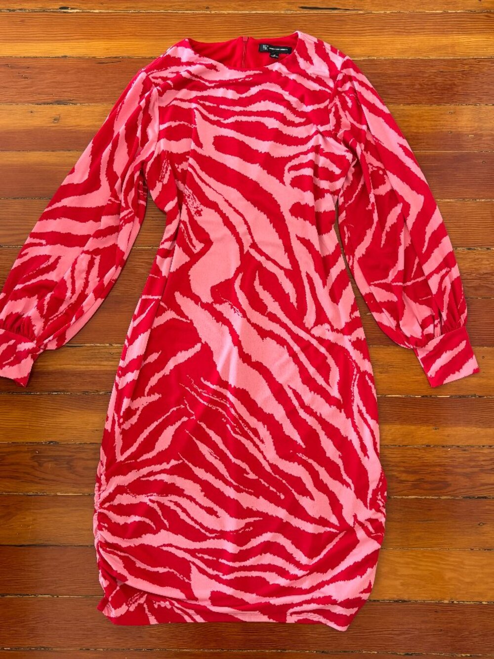 Maximalist Tiger Zebra Animal Print Vintage Y2K Pink Long Sleeve Midi Dress INC